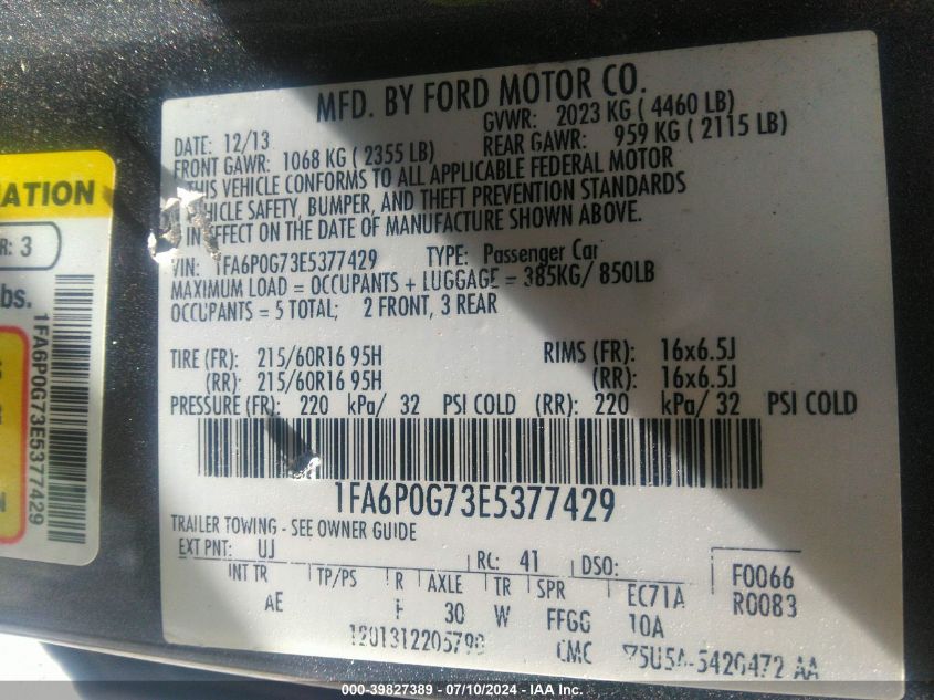 2014 Ford Fusion S VIN: 1FA6P0G73E5377429 Lot: 40721732