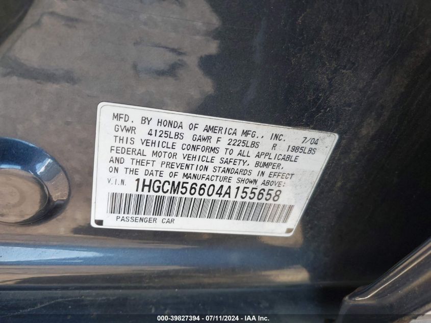 2004 Honda Accord 2.4 Ex VIN: 1HGCM56604A155658 Lot: 39827394