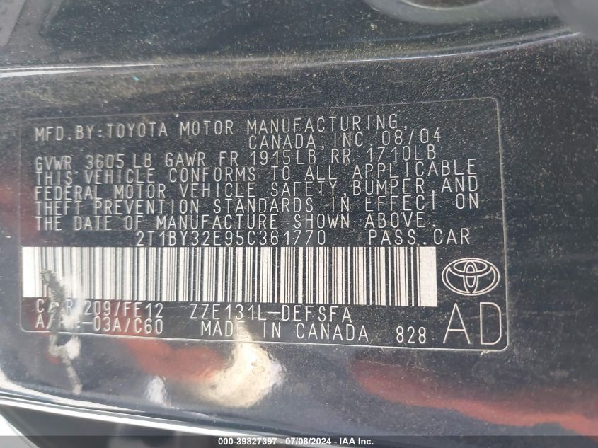 2005 Toyota Corolla Xrs VIN: 2T1BY32E95C361770 Lot: 39827397