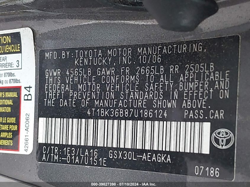 2007 Toyota Avalon Xls VIN: 4T1BK36B87U186124 Lot: 39827398