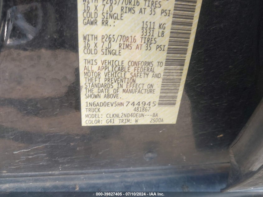 2017 NISSAN FRONTIER S/SV/SL/PRO-4X - 1N6AD0EV5HN744945