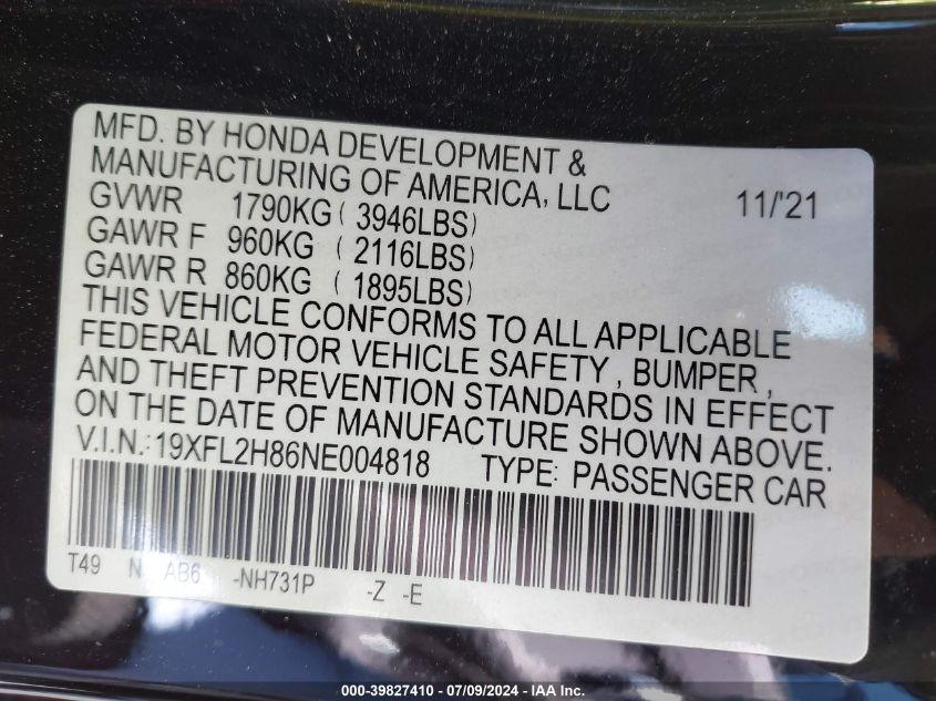 2022 Honda Civic Sport VIN: 19XFL2H86NE004818 Lot: 39827410