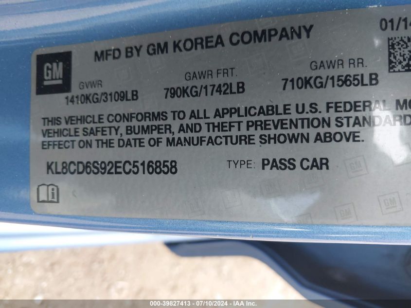 KL8CD6S92EC516858 2014 Chevrolet Spark 1Lt Auto