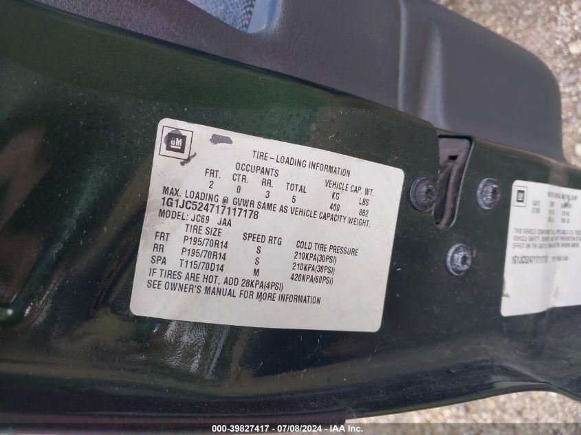 2001 Chevrolet Cavalier VIN: 1G1JC524717117178 Lot: 39827417