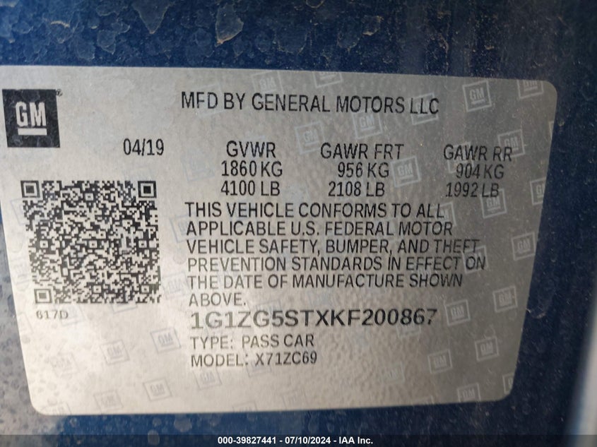 2019 Chevrolet Malibu Rs VIN: 1G1ZG5STXKF200867 Lot: 39827441