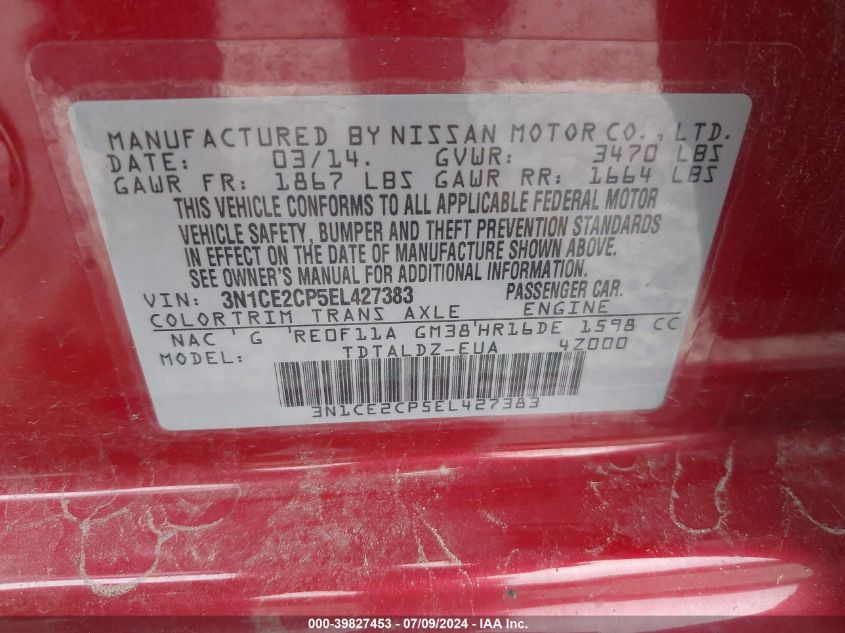 2014 Nissan Versa Note S/S Plus/Sv/Sl VIN: 3N1CE2CP5EL427383 Lot: 39827453