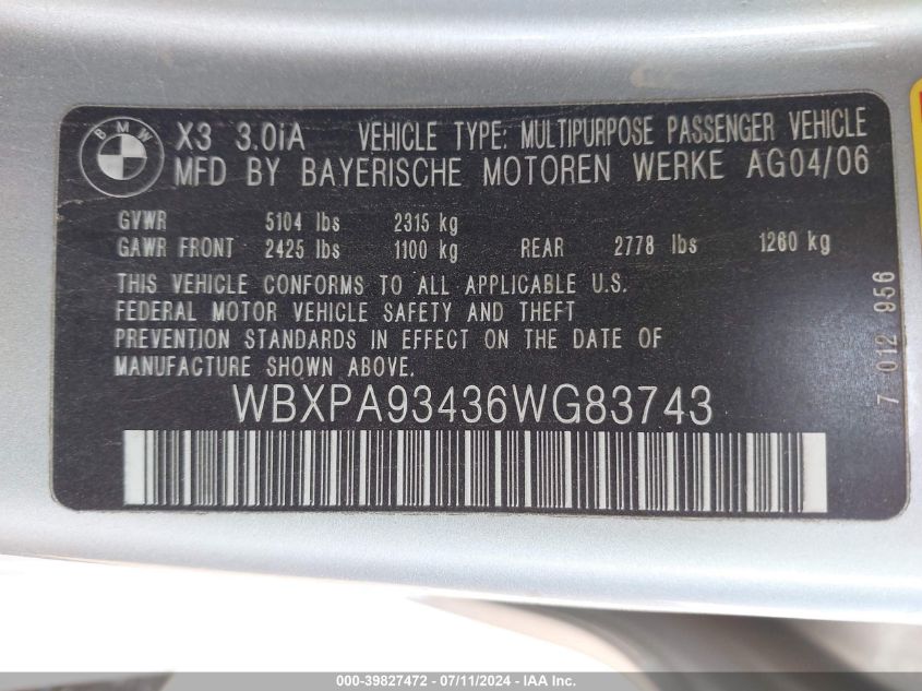 2006 BMW X3 3.0I VIN: WBXPA93436WG83743 Lot: 39827472