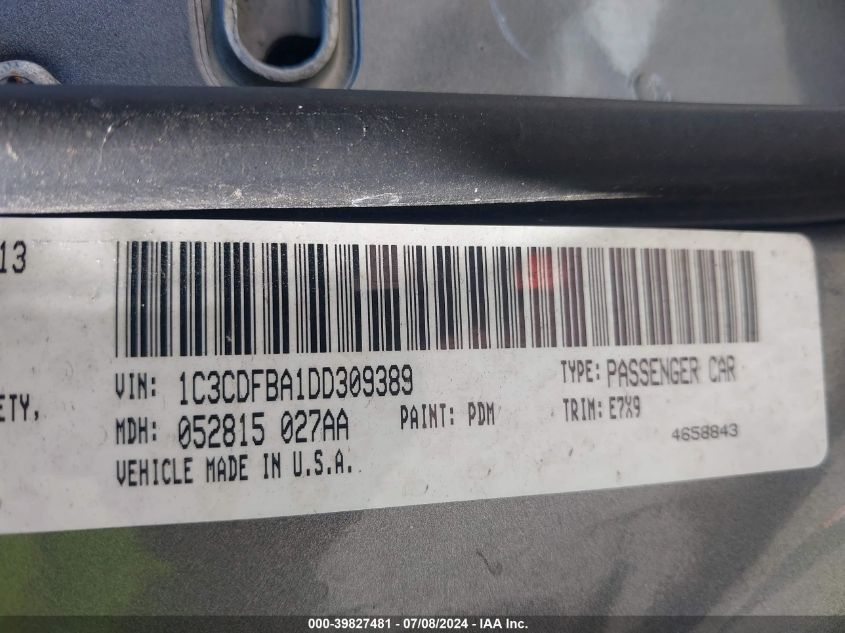 2013 Dodge Dart Sxt VIN: 1C3CDFBA1DD309389 Lot: 39827481