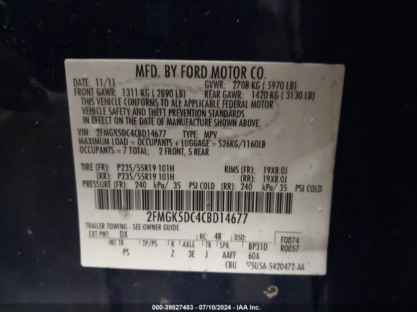 2012 Ford Flex Limited VIN: 2FMGK5DC4CBD14677 Lot: 39827483