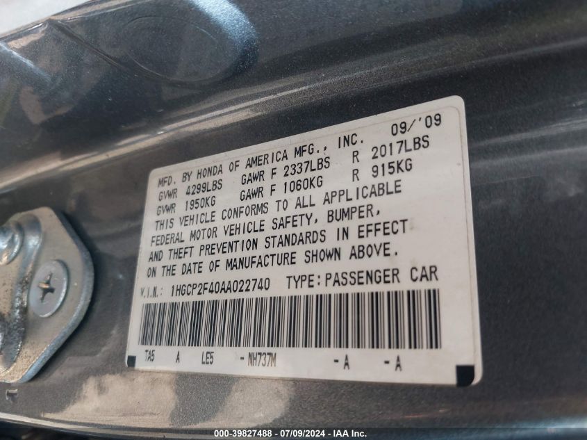 1HGCP2F40AA022740 | 2010 HONDA ACCORD