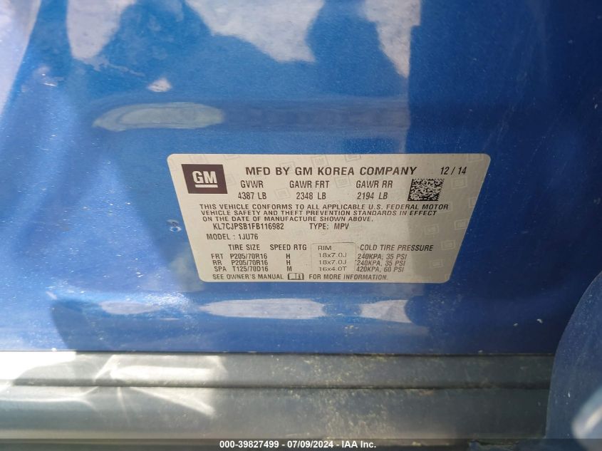 2015 Chevrolet Trax 1Ls VIN: KL7CJPSB1FB116982 Lot: 39827499