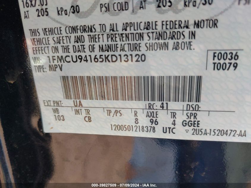 2005 Ford Escape Limited VIN: 1FMCU94165KD13120 Lot: 39827509