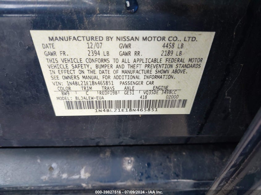 2008 Nissan Altima 3.5Se/3.5Sl VIN: 1N4BL21E18N465851 Lot: 39827516