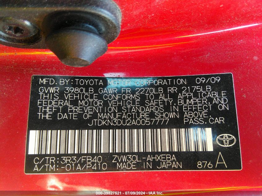 2010 Toyota Prius Iii VIN: JTDKN3DU2A0057777 Lot: 39827521