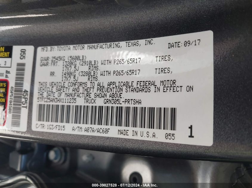 2017 Toyota Tacoma Trd Sport VIN: 5TFCZ5AN3HX111235 Lot: 39827528