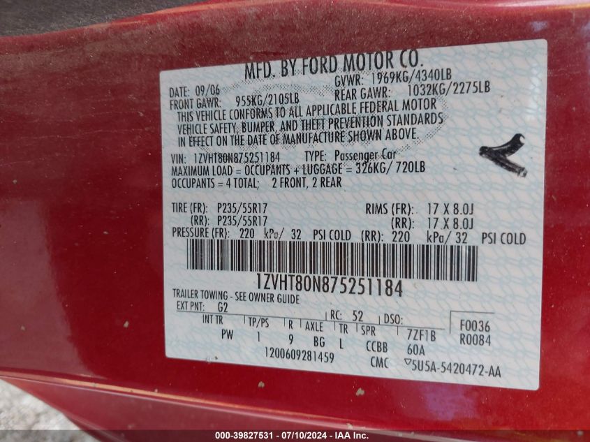 2007 Ford Mustang VIN: 1ZVHT80N875251184 Lot: 39827531