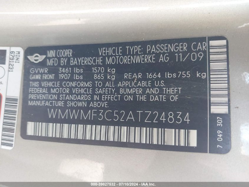 2010 Mini Cooper VIN: WMWMF3C52ATZ24834 Lot: 39827532