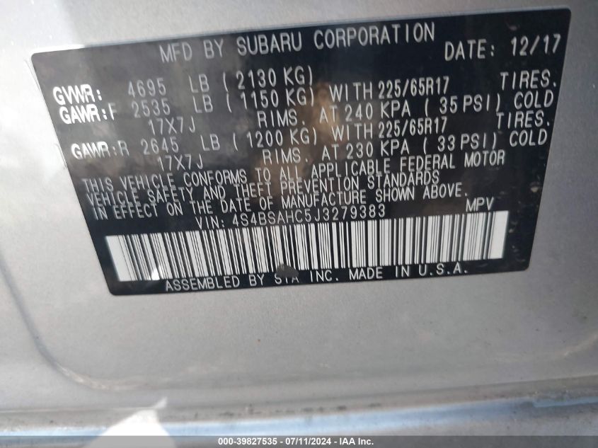 4S4BSAHC5J3279383 2018 Subaru Outback 2.5I Premium