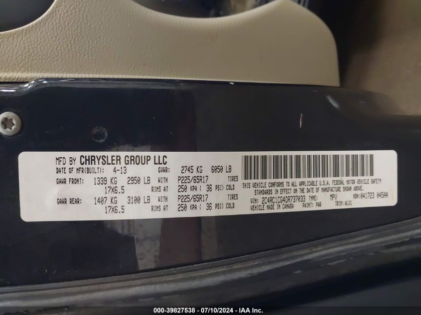 2013 Chrysler Town & Country Touring-L VIN: 2C4RC1CG4DR737033 Lot: 39827538