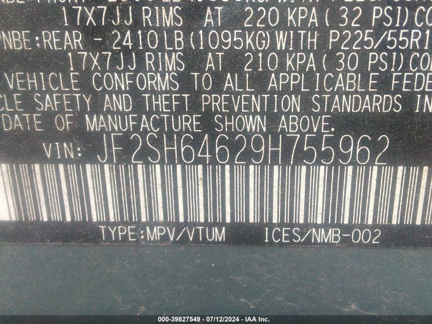 2009 Subaru Forester 2.5X Limited VIN: JF2SH64629H755962 Lot: 39827549