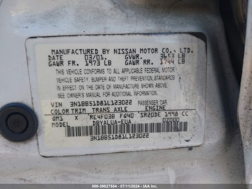 2001 Nissan Sentra Se VIN: 3N1BB51D81L123022 Lot: 39827554