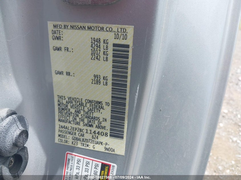 2011 Nissan Altima 2.5 S VIN: 1N4AL2EP2BC114408 Lot: 39827568