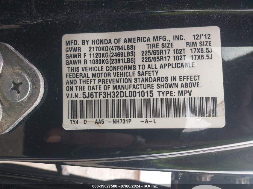 2013 Honda Crosstour Ex VIN: 5J6TF3H32DL001015 Lot: 39827580