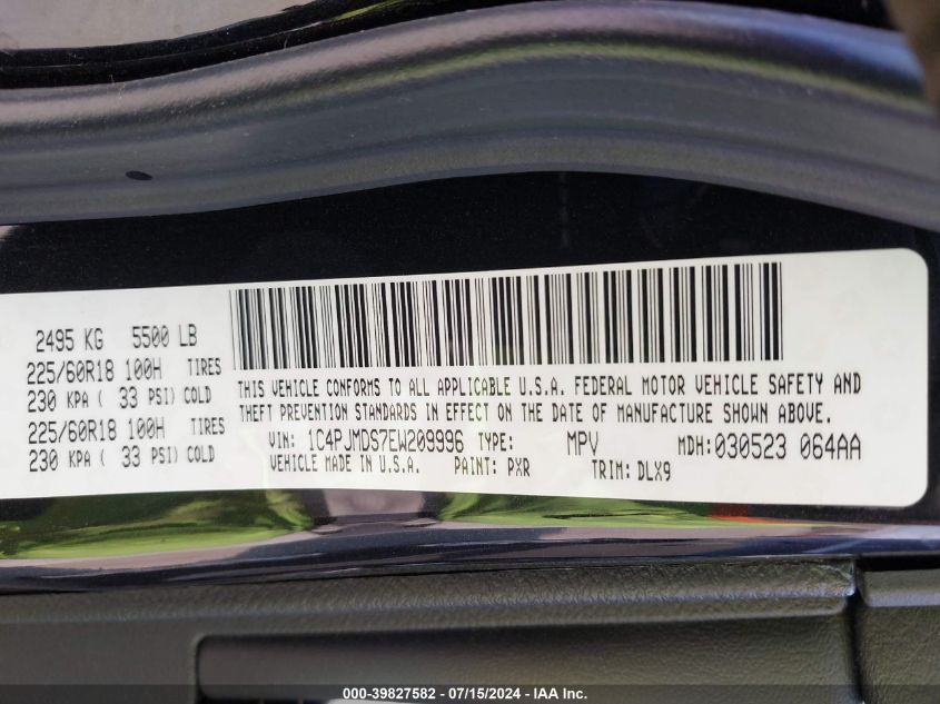 2014 Jeep Cherokee Limited VIN: 1C4PJMDS7EW209996 Lot: 39827582