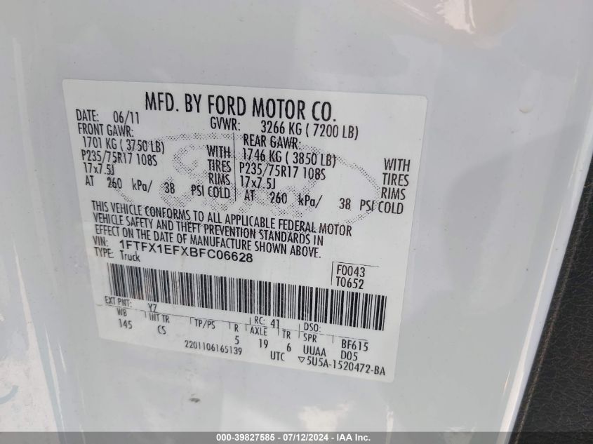 2011 Ford F-150 Xl VIN: 1FTFX1EFXBFC06628 Lot: 39827585