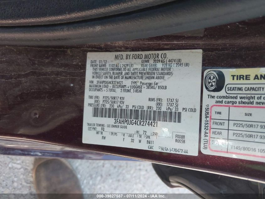 2012 Ford Fusion Sel VIN: 3FAHP0JG4CR274421 Lot: 39827587