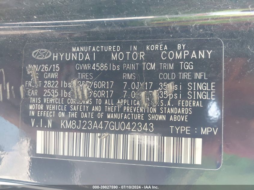 2016 Hyundai Tucson Se VIN: KM8J23A47GU042343 Lot: 39827590