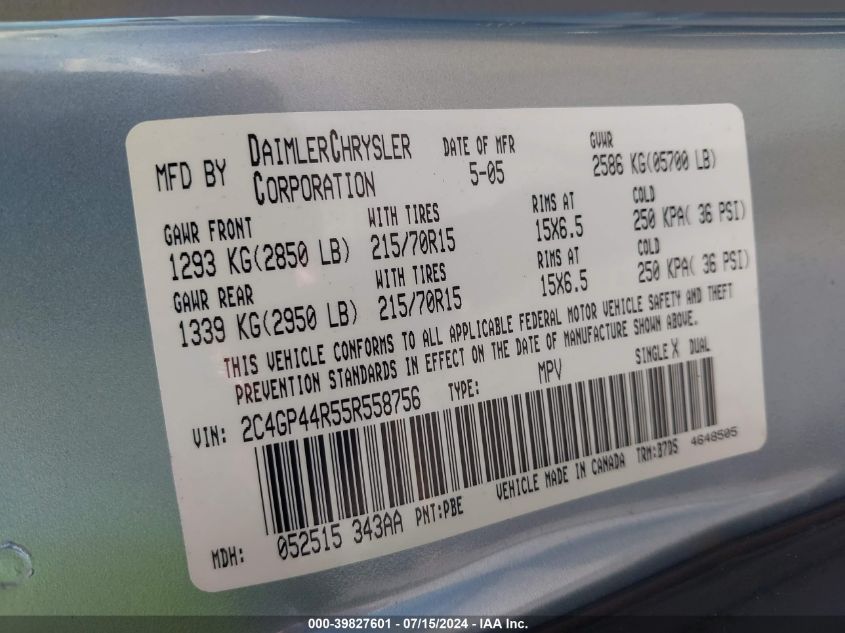 2005 Chrysler Town & Country Lx VIN: 2C4GP44R55R558756 Lot: 39827601