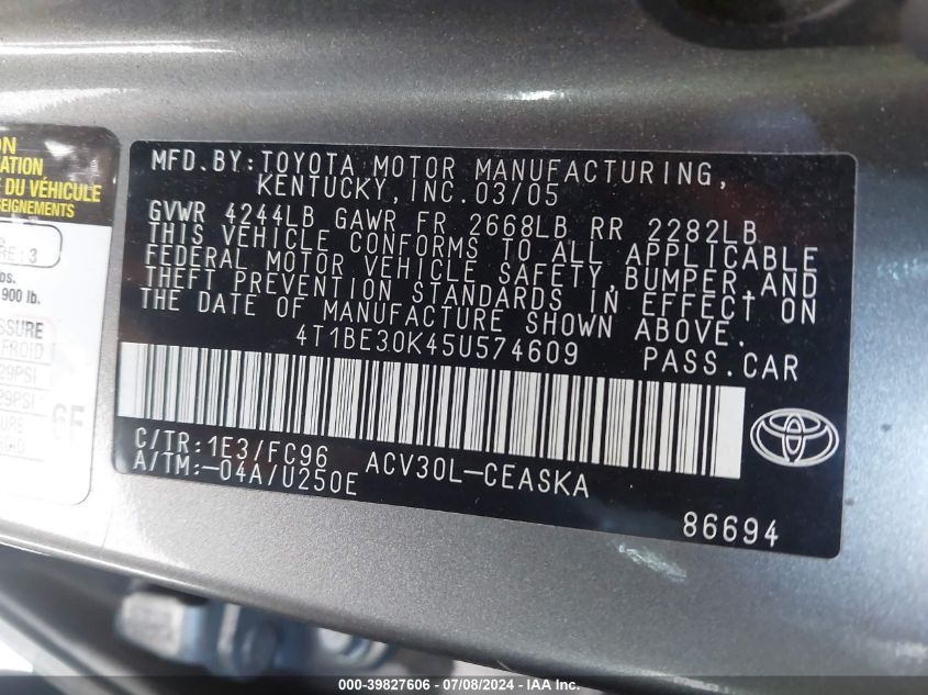 2005 Toyota Camry Se VIN: 4T1BE30K45U574609 Lot: 39827606