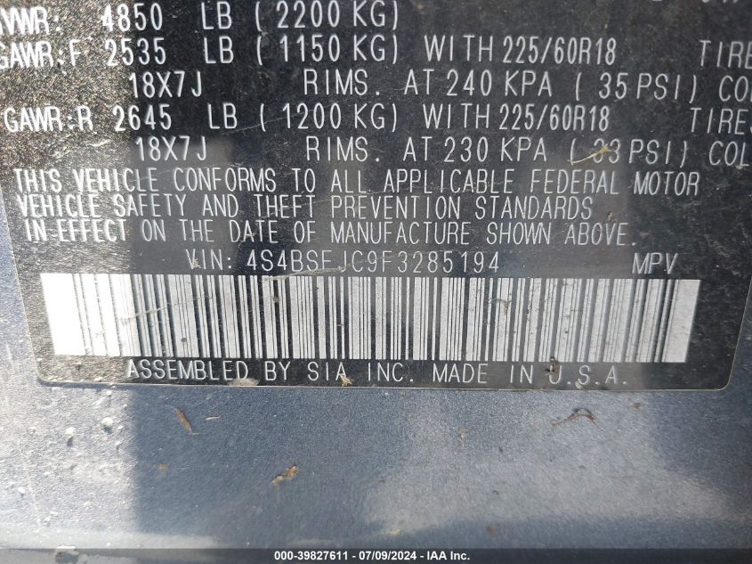 2015 Subaru Outback 3.6R Limited VIN: 4S4BSEJC9F3285194 Lot: 39827611