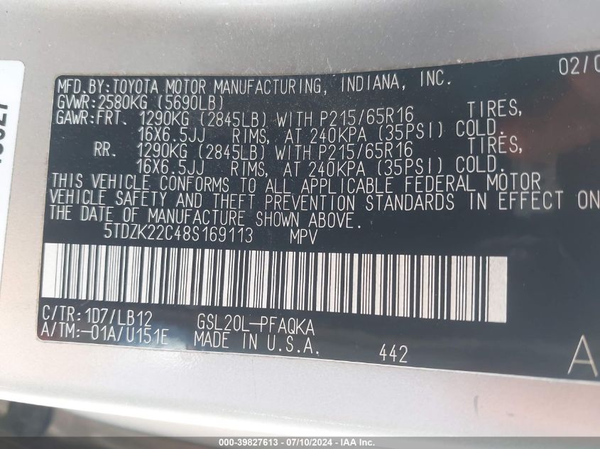 5TDZK22C48S169113 2008 Toyota Sienna Xle