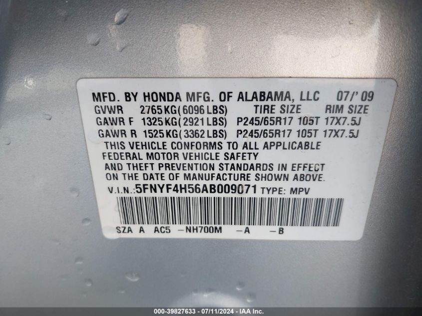 2010 Honda Pilot Ex-L VIN: 5FNYF4H56AB009071 Lot: 39827633