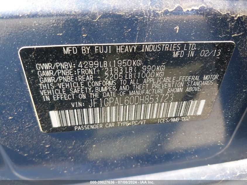 2013 Subaru Impreza 2.0I Sport Premium VIN: JF1GPAL60DH853723 Lot: 39827636