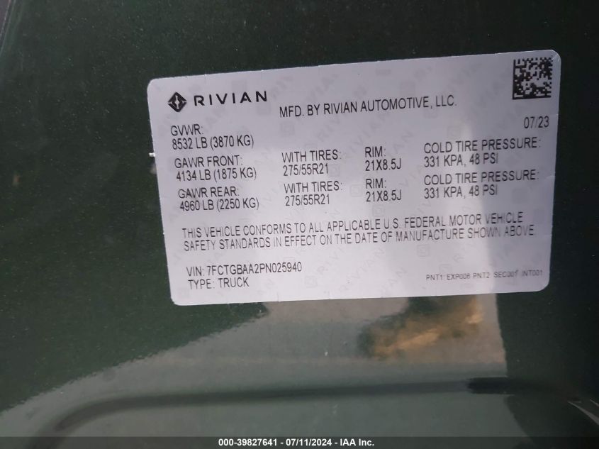 2023 Rivian R1T Adventure/Adventure Dual Motor Large Pack/Adventure Dual Motor Max Pack VIN: 7FCTGBAA2PN025940 Lot: 39827641