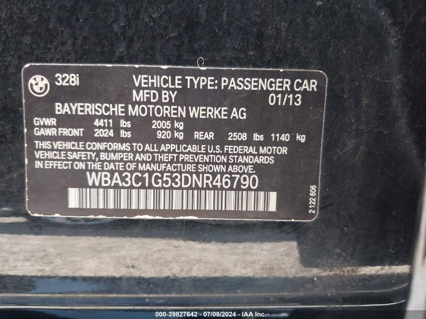 2013 BMW 328I VIN: WBA3C1G53DNR46790 Lot: 39827642