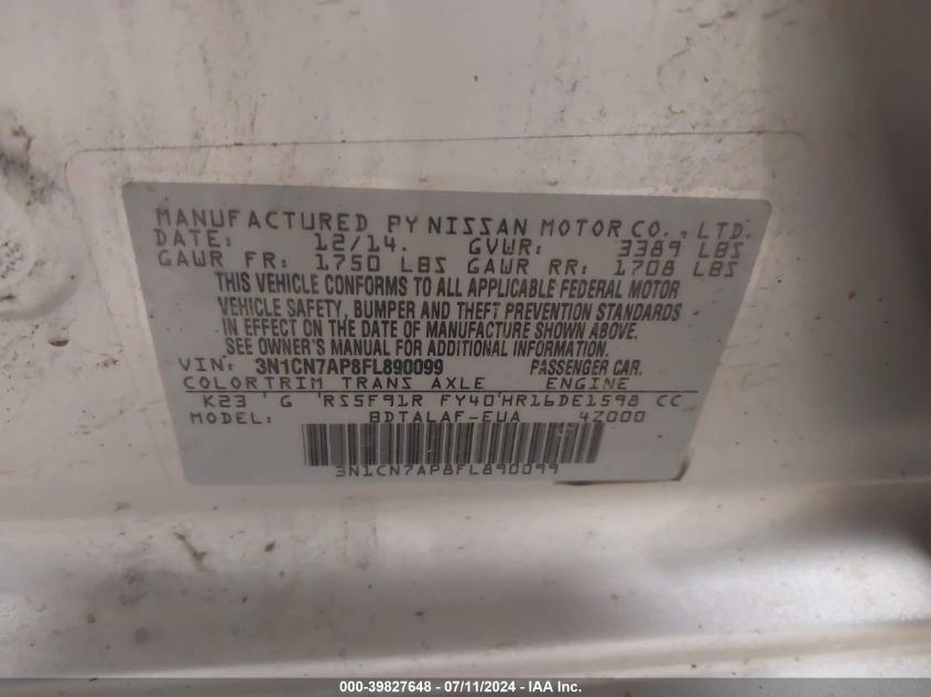 2015 Nissan Versa 1.6 S VIN: 3N1CN7AP8FL890099 Lot: 39827648