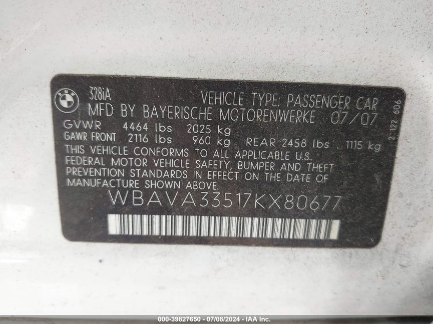 2007 BMW 328I VIN: WBAVA33517KX80677 Lot: 39827650