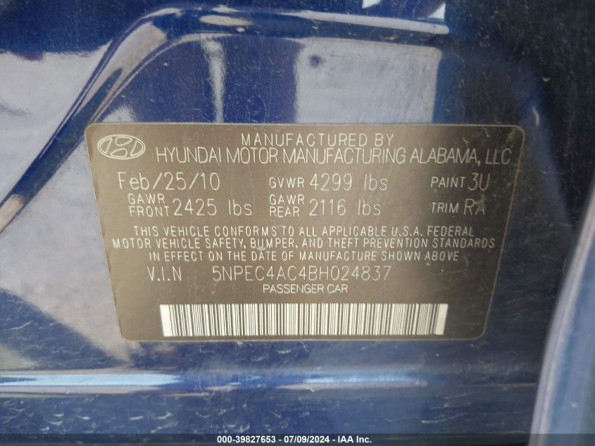 2011 Hyundai Sonata Limited VIN: 5NPEC4AC4BH024837 Lot: 39827653