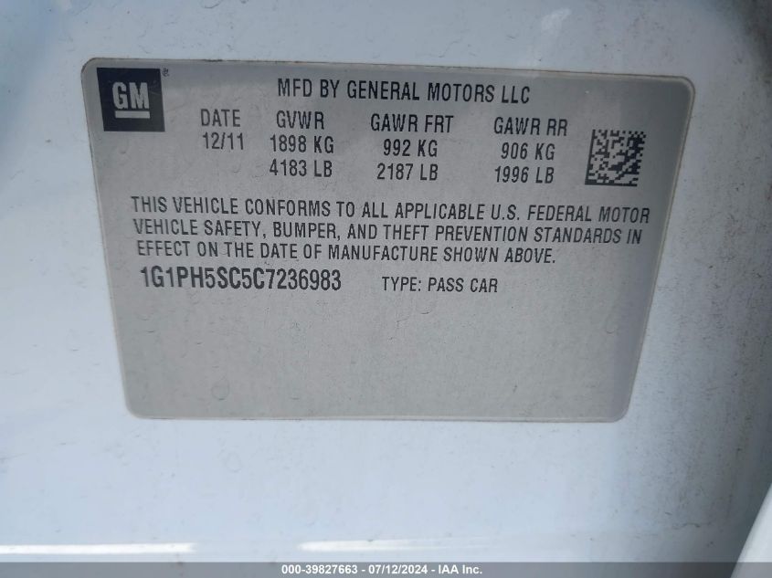 2012 Chevrolet Cruze Ltz VIN: 1G1PH5SC5C7236983 Lot: 39827663