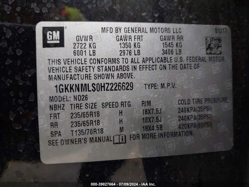 2017 GMC Acadia Slt-1 VIN: 1GKKNMLS0HZ226629 Lot: 39827664