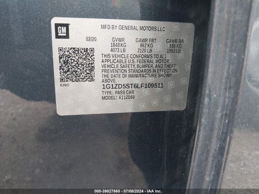 2020 Chevrolet Malibu Fwd Lt VIN: 1G1ZD5ST6LF109511 Lot: 39827665