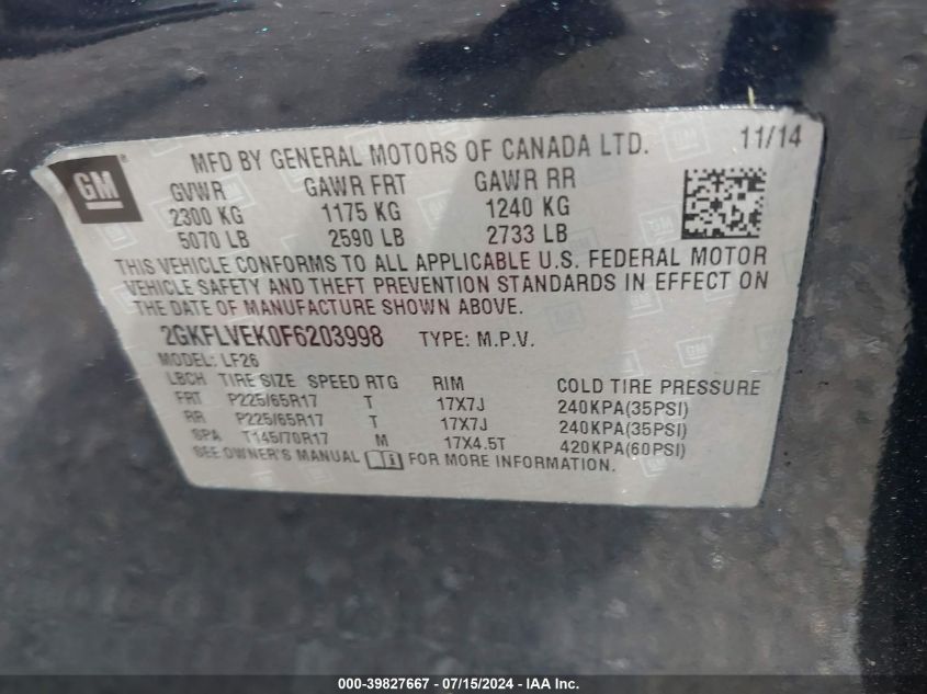 2015 GMC Terrain Sle-1 VIN: 2GKFLVEK0F6203998 Lot: 39827667