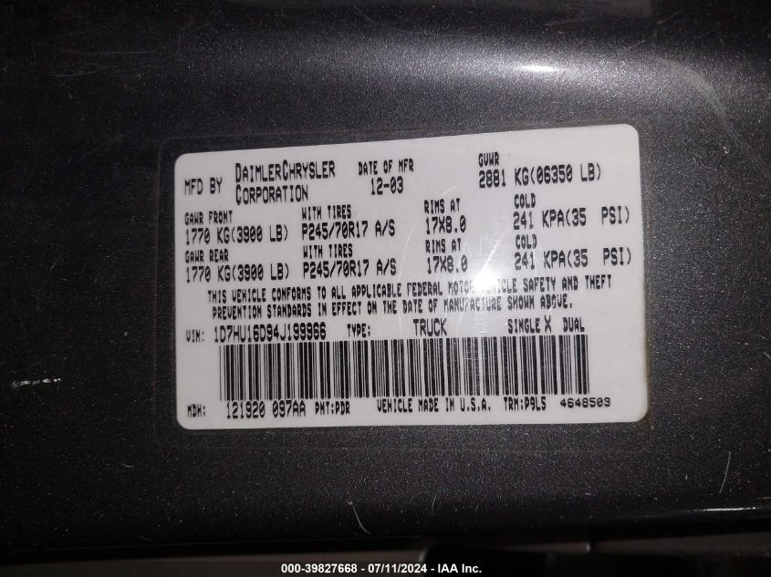 2004 Dodge Ram 1500 St VIN: 1D7HU16D94J199966 Lot: 39827668