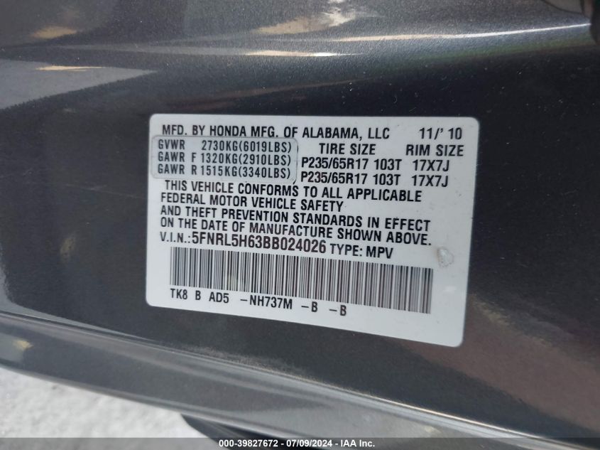 2011 Honda Odyssey Ex-L VIN: 5FNRL5H63BB024026 Lot: 39827672