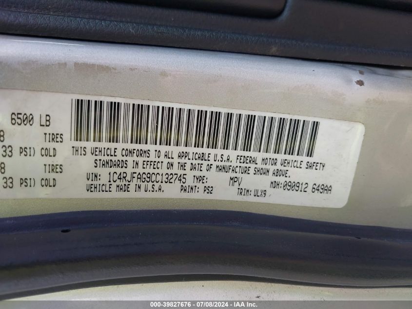 2012 Jeep Grand Cherokee Laredo VIN: 1C4RJFAG9CC132745 Lot: 39827676