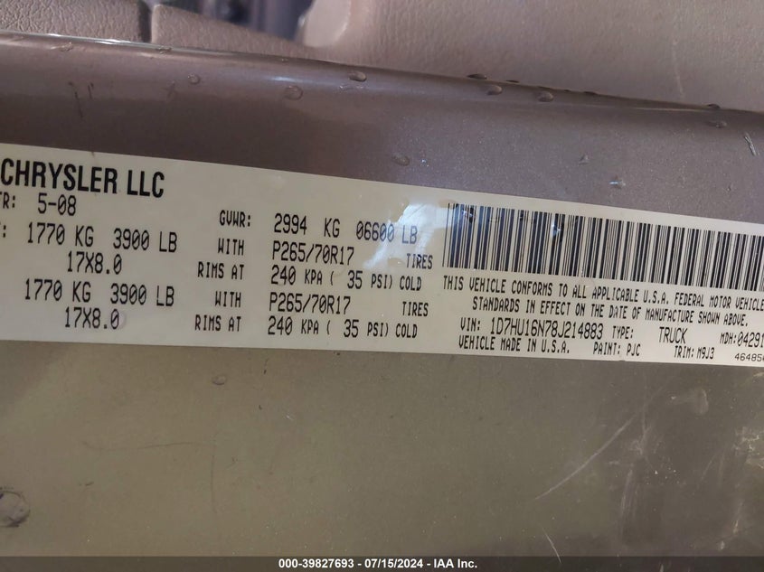 2008 Dodge Ram 1500 Slt VIN: 1D7HU16N78J214883 Lot: 39827693